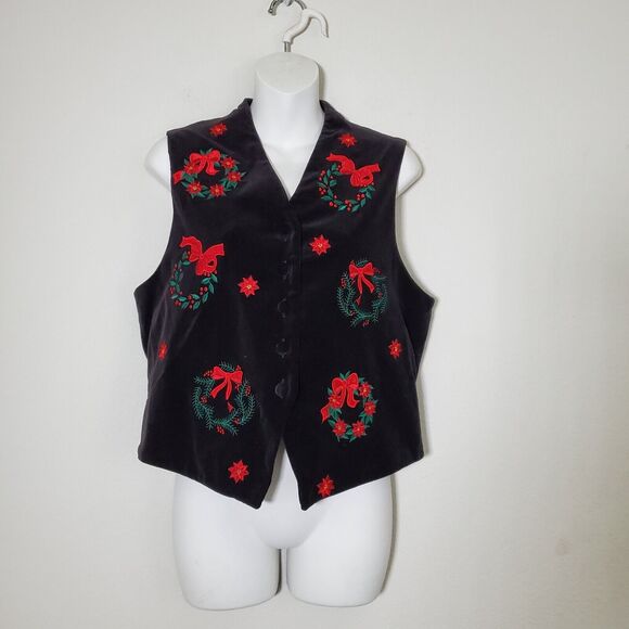 Karen Scott Vintage Women's Vest Top Small Black Velvet 90s Christmas Embroidery - Picture 1 of 8